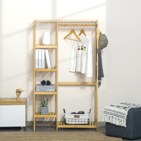 HOMCOM Suporte para Cabides de Bambu Cabideiro com Prateleiras de 4 Níveis com Barra Prateleira Inferior e Cabide Lateral 90x30x155cm Madeira - Image 9