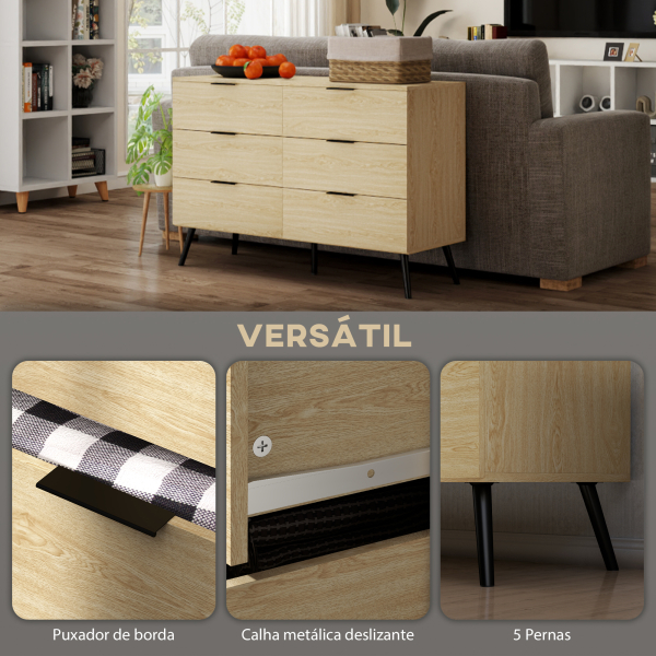 HOMCOM Cómoda com 6 Gavetas Cómoda para Dormitório Cómoda Moderna com Desenho Anti-Tombo  110x40x75 cm Carvalho - Image 5