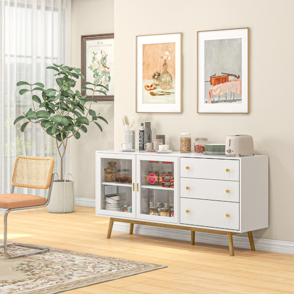 HOMCOM Aparador de Sala de Estar com 2 Portas de Vidro 3 Gavetas e Pés de Madeira de Borracha 160x40x80 cm Branco e Madeira - Image 7