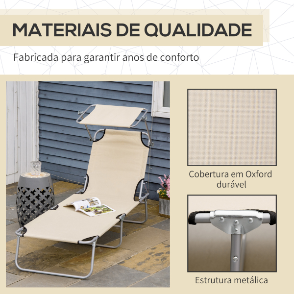 Outsunny Espreguiçadeira de Jardim Dobrável com Toldo Removível e Ajustável  e Encosto Ajustável 187x58x36 cm Bege - Image 7