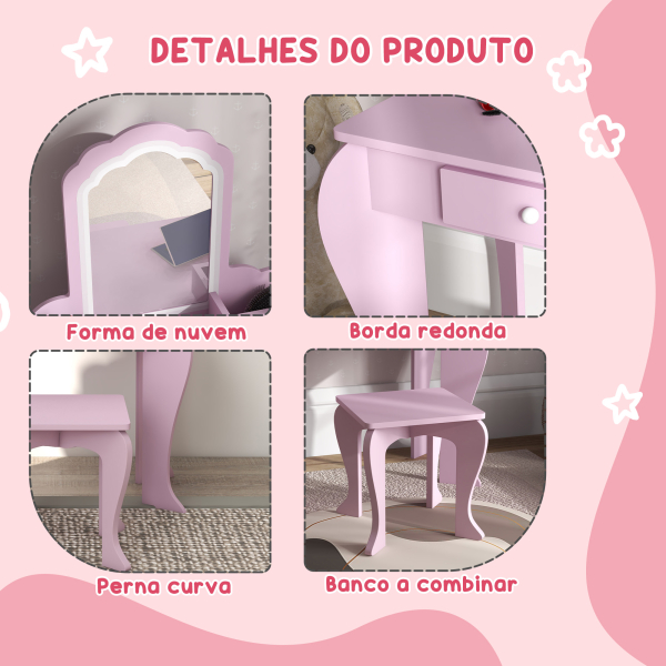 ZONEKIZ Toucador Infantil para Meninas e Meninos Toucador de Maquilhagem com Banco Espelho Gaveta e Caixas de Arrumação Rosa - Image 7