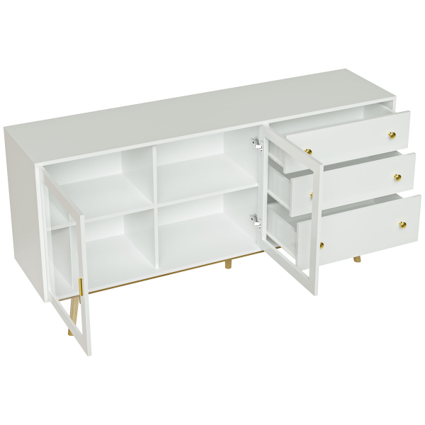 HOMCOM Aparador de Sala de Estar com 2 Portas de Vidro 3 Gavetas e Pés de Madeira de Borracha 160x40x80 cm Branco e Madeira - Image 8