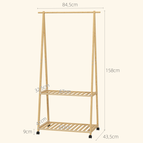 HOMCOM Charriot de Bambu para Roupa Charriot para Roupa com Rodas 2 Prateleiras Abertas e 2 Ganchos 84,5x43,5x158 cm Madeira - Image 3