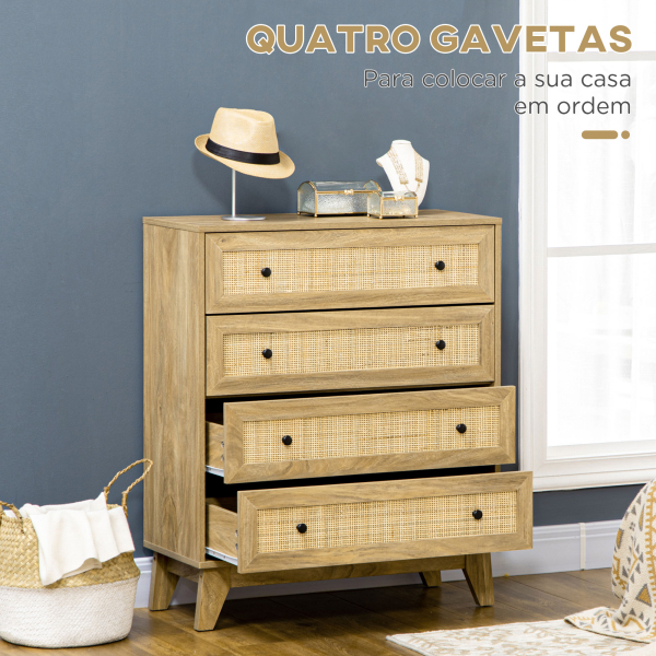 HOMCOM Cómoda com 4 Gavetas Cómoda de Madeira com Gavetas de Vime e Pés Elevados 80x35x95cm Madeira - Image 5