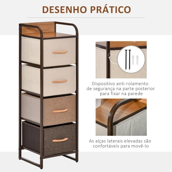 HOMCOM Cómoda de Tecido com 4 Cestos Removíveis e Dobráveis Base Elevada Móvel de Armazenamento para Dormitório Sala de Estar 31x29x99cm Multicor - Image 6