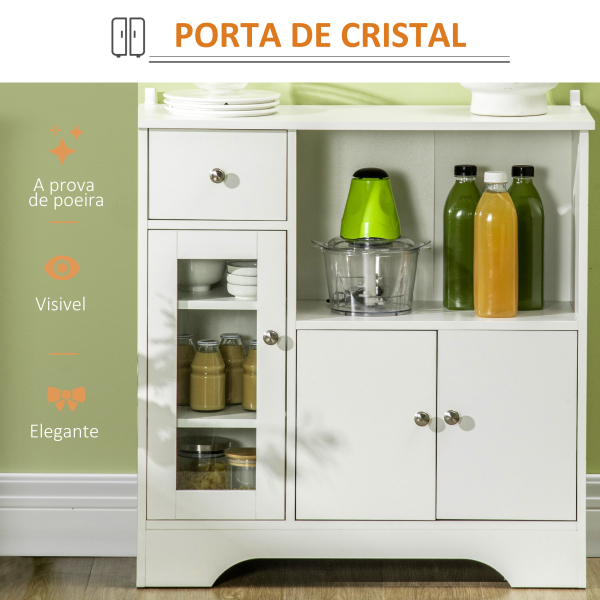HOMCOM Aparador Moderno com Porta de Vidro Gaveta Prateleira Aberta e Prateleiras Ajustáveis Móvel Auxiliar 80x30x82cm Branco - Image 6