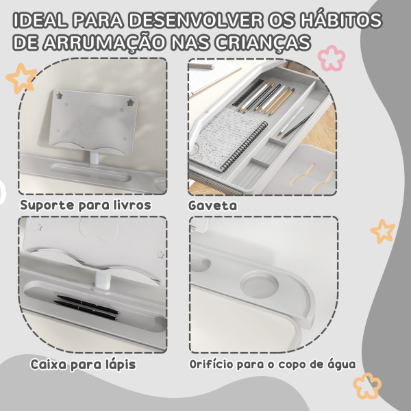ZONEKIZ Conjunto de Secretária e Cadeira para Crianças com Altura Ajustável e Ângulo da Mesa Ajustável 80x49,5x82-104 cm Cinza e Branco - Image 5