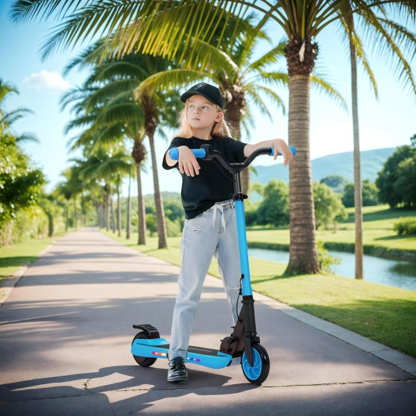 SPORTNOW Trotinete Elétrica Dobrável para Crianças 120 W Autonomia 6 km e Máximo 10 km/h com Travão Luzes LED 74x52x83-87 cm Azul - Image 2