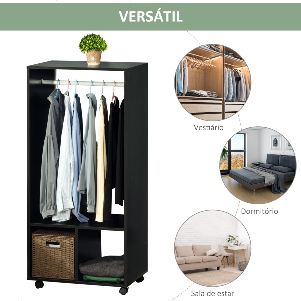 HOMCOM Roupeiro de Madeira Móvel Armário Roupeiro Aberto com Barra para Pendurar e Prateleiras Organizadoras 60x40x128 cm Preto - Image 6