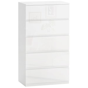 HOMCOM Cómoda com 5 Gavetas de Madeira Cómoda de Dormitório Cómoda Branca Estilo Moderno 55x33x80 cm Branco Brilhante