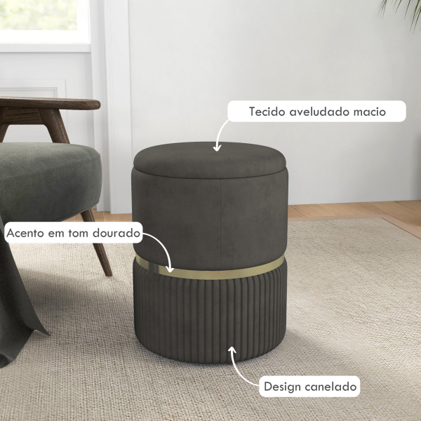 HOMCOM Banco de Armazenamento para Dormitório Puff de Arrumação Estofado em Veludo com Pés Antiderrapantes Ø36x44 cm Cinza - Image 5