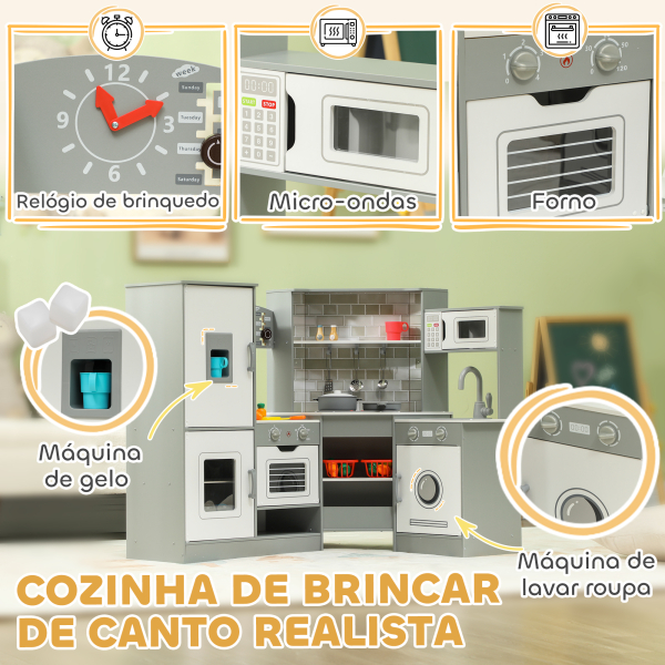 AIYAPLAY Cozinha de Madeira para Crianças com Sons Forno Lavatório Micro-Ondas Máquina de Gelo e Acessórios 110x80x91 cm Cinza - Image 5