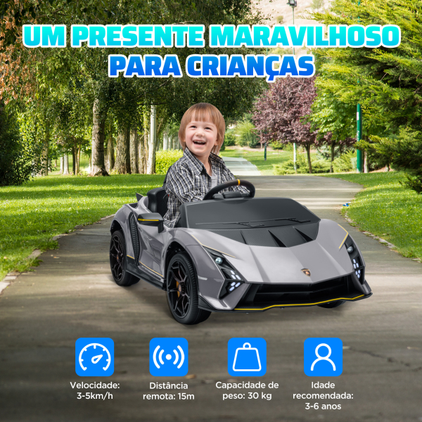AIYAPLAY Carro Elétrico para Crianças Lamborghini 12V Controlo Remoto Faróis Buzina Arranque Lento e Música MP3 114,5x64x45,5 cm Cinza - Image 8