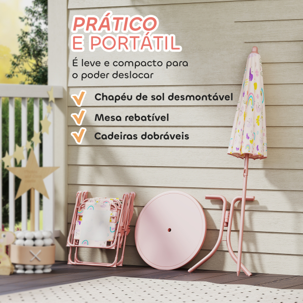 AIYAPLAY Conjunto de Mesa e Cadeiras para Crianças de Jardim com Cadeiras Dobráveis Chapéu de Sol Ajustável e Desenho de Raposas Rosa - Image 5