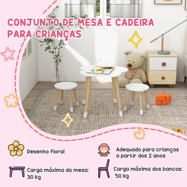 ZONEKIZ Conjunto de Mesa e 2 Cadeira para Crianças de 2-5 Anos Mesa com Forma de Flor Ø59x50 cm e Cadeiras Ø28x26 cm Branco - Image 7