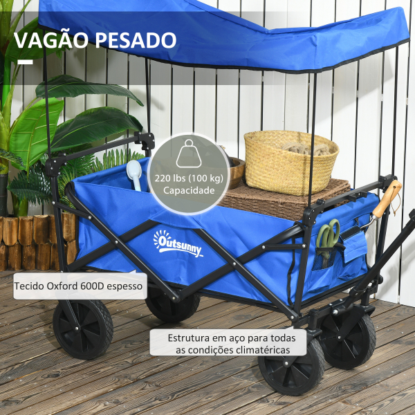 Outsunny Carrinho de Transporte Dobrável com Toldo Removível e Alça Ajustável Capacidade 100 kg para Campismo 97x52x105 cm Azul - Image 8
