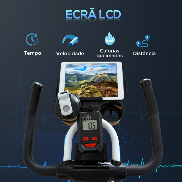 HOMCOM Bicicleta estática com tela LCD Sela ajustável Volante 8 kg Carga 100 kg 103x53x110-114 cm Branco - Image 5
