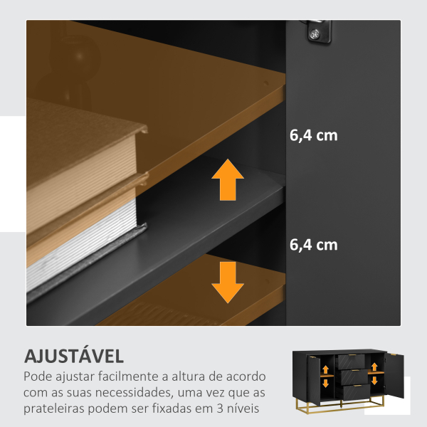 HOMCOM Aparador Auxiliar Armário de Armazenamento com 3 Gavetas e 2 Armários com Prateleira Ajustável 120x40x76 cm Preto - Image 6