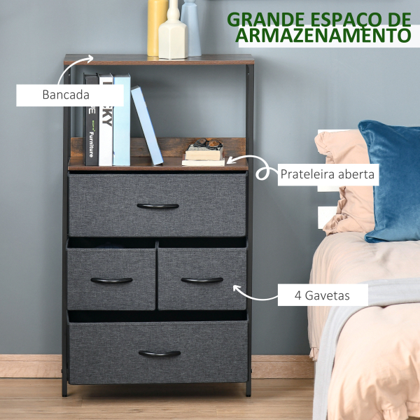 HOMCOM Cómoda com 4 Gavetas Dobráveis e Prateleira Aberta Cómoda com Gavetas de Tecido Anti-Tombo 58x29x103cm Marrom e Cinza - Image 5