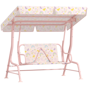 AIYAPLAY Baloiço de Jardim para Crianças com 2 Lugares Toldo Ajustável Cinto de Segurança e Desenho de Borboletas 112x75x120 cm Rosa