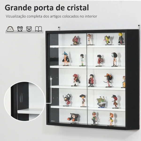 HOMCOM Vitrine de Parede de Madeira com Prateleiras Ajustáveis e 2 Portas Corredeiras de Vidro para Coleções Perfumes Bonecos de Decoração 80x9,5x60cm Preto - Image 5