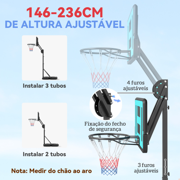 SPORTNOW Tabela de Basquetebol Ajustável de 146-236 cm Portátil com Rodas e Base Preenchível com Água ou Areia 71x45x146-236 cm Preto - Image 4