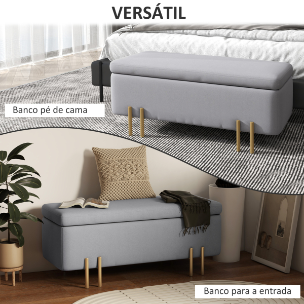 HOMCOM Banco Pé de Cama para Dormitório 70L em Veludo Pés de Metal para Entrada Sala de Estar 100x40x42 cm Cinza Claro - Image 6