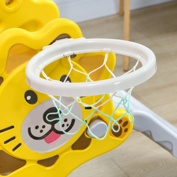 AIYAPLAY Escorrega para Crianças 2 em 1 com 2 Degraus Cesta de basquetebol e Desenho de Leão para Interior 131x50x74 cm Amarelo e Cinza - Image 8