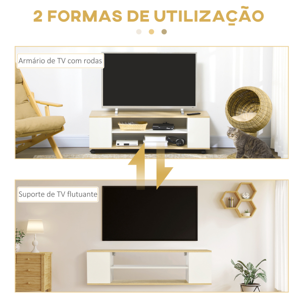 HOMCOM Móvel para TV com Rodas Armário para TV Flutuante com 2 Portas e 2 Prateleiras 120x40x38,5cm Branco e Madeira - Image 5