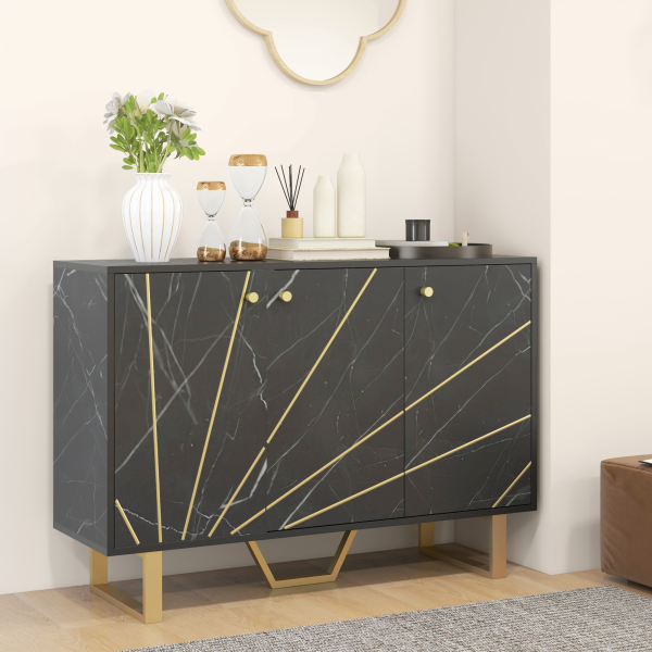 HOMCOM Aparador de Sala de Estar com 2 Armários e Prateleira Interior Ajustável com Efeito Mármore 107x35x75 cm Preto e Dourado - Image 8