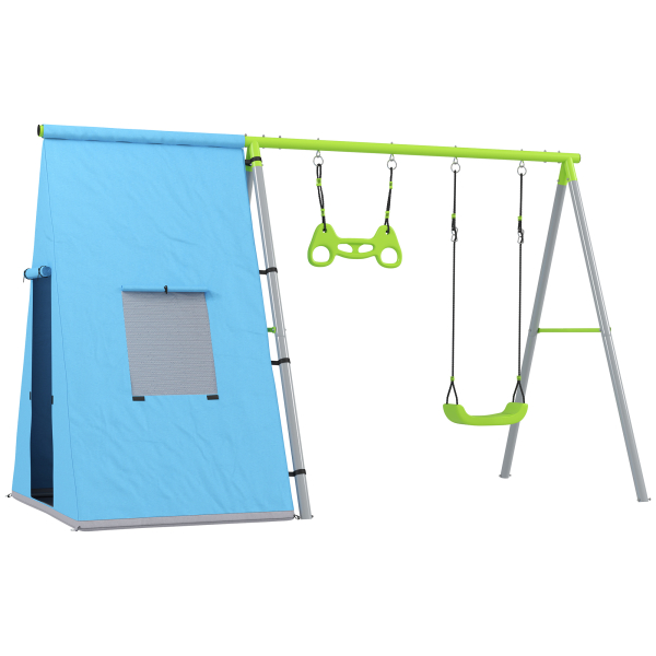 AIYAPLAY Baloiço para Crianças 3 em 1 Baloiço para Jardim Exterior com Baloiço Anéis de Ginástica e Tenda 283x180x182 cm Verde