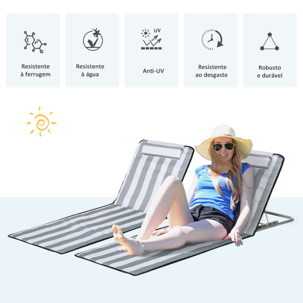 Outsunny Conjunto de 2 Esteiras de Praia com Encosto Reclinável em 5 Níveis Bolsa de Transporte e Apoio de Cabeça 48x134x33-43 cm Branco e Cinzento - Image 4