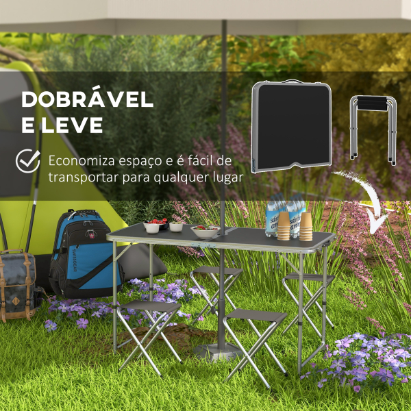 Outsunny Conjunto de Campismo de 5 Peças Mesa Dobrável com Assentos Inclui 1 Mesa Ajustável em Altura com Orifício e 4 Assentos Preto - Image 7