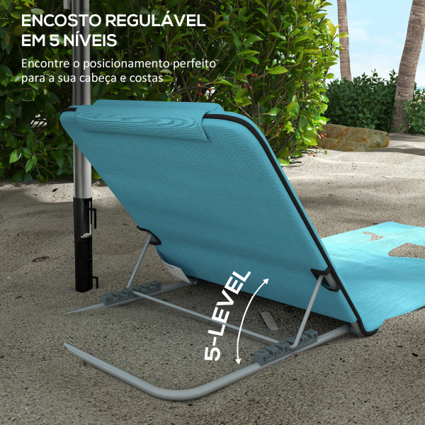 Outsunny Conjunto de 2 Esteiras de Praia com Encosto Reclinável em 5 Níveis Bolsa de Transporte e Apoio de Cabeça 48x134x33-43 cm Azul - Image 6