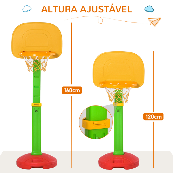HOMCOM Tabela de Basquetebol Infantil para Crianças acima de 3 anos Altura Ajustável 2 Bolas e Inflador 52,5x44x120-160cm Amarelo Verde Vermelho - Image 6