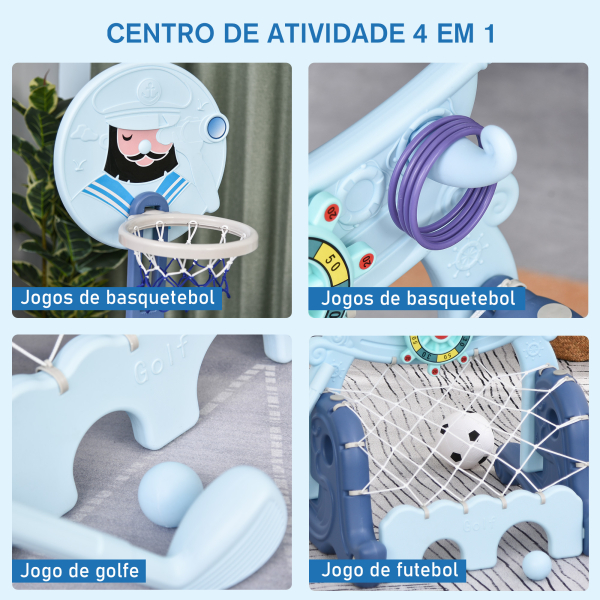 HOMCOM Tabela de Basquetebol 4 em 1 com Altura Ajustável para Crianças acima de 3 Anos Centro de Atividades 58x56x154cm Azul - Image 6