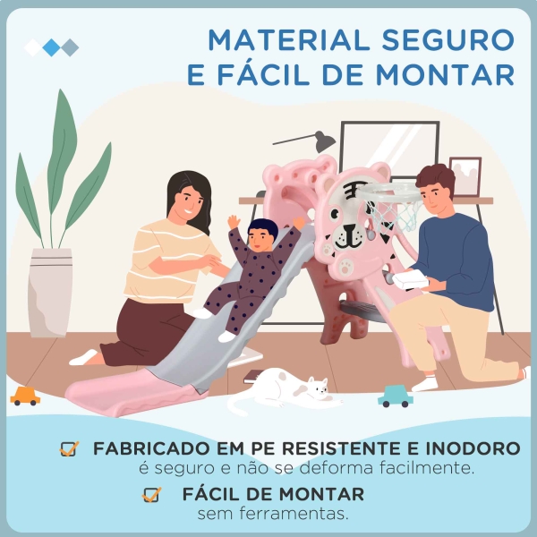 AIYAPLAY Escorrega para Crianças 2 em 1 com 2 Degraus Cesta de Basquetebol e Desenho de Tigre para Interior 133x60x70 cm Rosa - Image 7