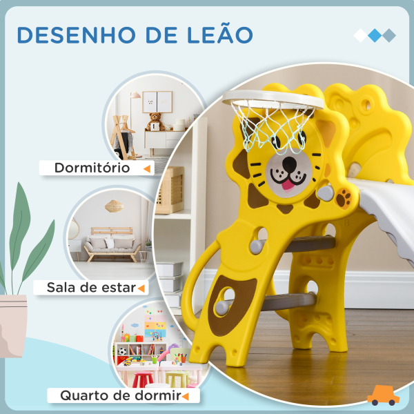AIYAPLAY Escorrega para Crianças 2 em 1 com 2 Degraus Cesta de basquetebol e Desenho de Leão para Interior 131x50x74 cm Amarelo e Cinza - Image 5