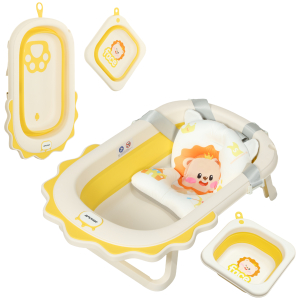 AIYAPLAY Banheira Dobrável para Bebés com Almofada e Cubo Antiderrapantes Orifício de Drenagem e Orifício para o Duche 80,5x55x20 cm Amarelo