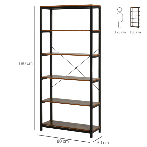 HOMCOM Estante estilo industrial com 6 prateleiras abertas para sala de estar Escritório 80x30x180 cm Castanho Rústico - Image 3