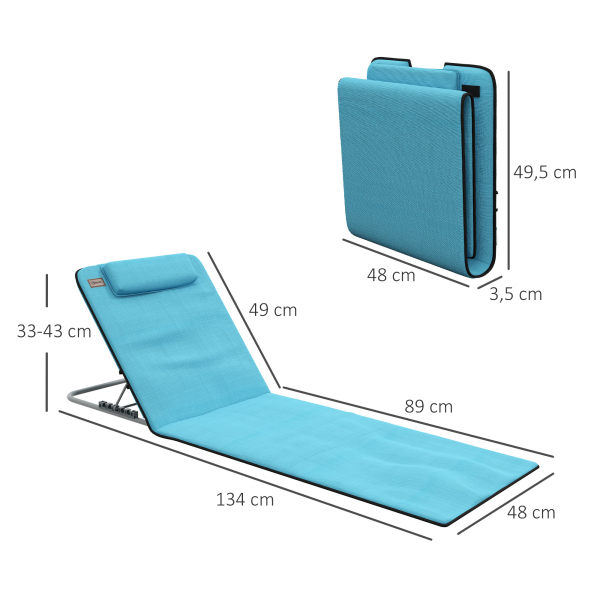 Outsunny Conjunto de 2 Esteiras de Praia com Encosto Reclinável em 5 Níveis Bolsa de Transporte e Apoio de Cabeça 48x134x33-43 cm Azul - Image 3
