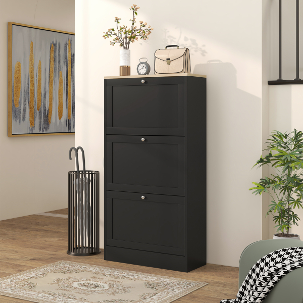 HOMCOM Móvel Sapateira de Entrada com 3 Gavetas Basculantes e Prateleiras Ajustáveis para 18 Pares de Sapatos 60x23,5x115 cm Preto - Image 8