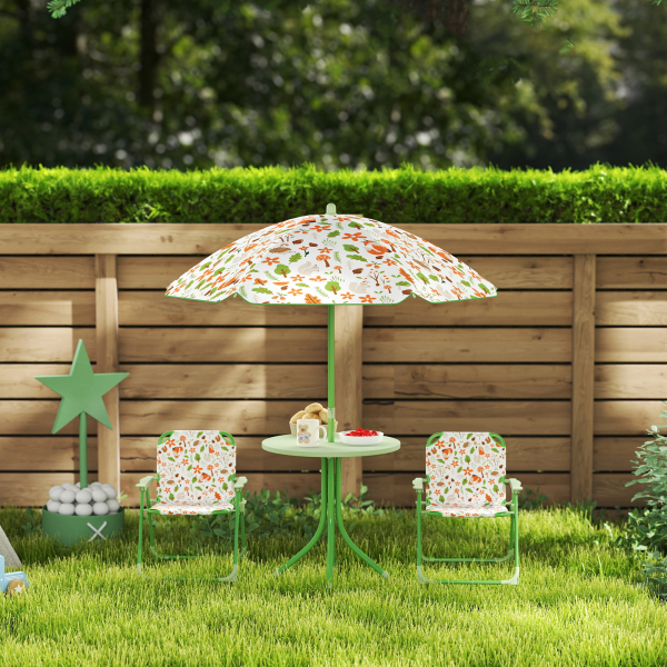 AIYAPLAY Conjunto de Mesa e Cadeiras para Crianças de Jardim com Cadeiras Dobráveis Chapéu de Sol Ajustável e Desenho de Raposas Verde - Image 9