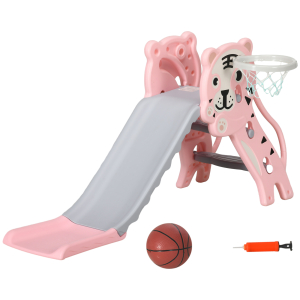 AIYAPLAY Escorrega para Crianças 2 em 1 com 2 Degraus Cesta de Basquetebol e Desenho de Tigre para Interior 133x60x70 cm Rosa