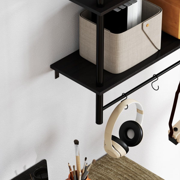 HOMCOM Estante de Parede de 2 Níveis Estante Suspensa com 4 Ganchos 2 Prateleiras e Estrutura de Metal 80x24x65 cm Preto - Image 9