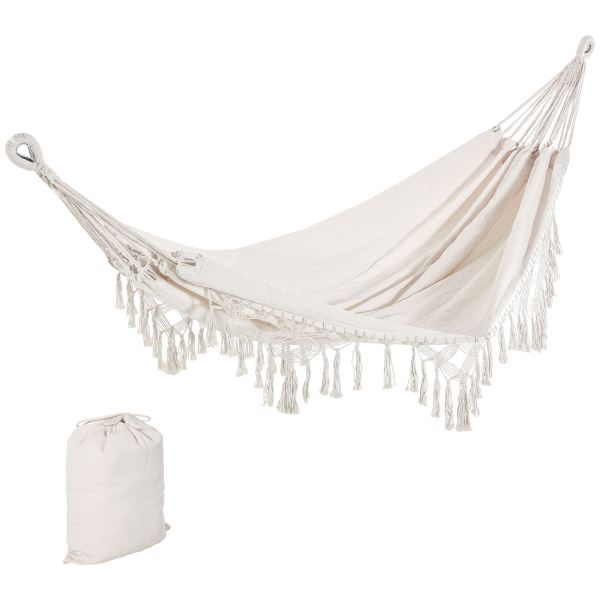 Outsunny Cama de Rede Suspensa 288x150 cm de Algodão com Bolsa de Transporte Capacidade 180 kg para Pátio Terraço Campismo Creme