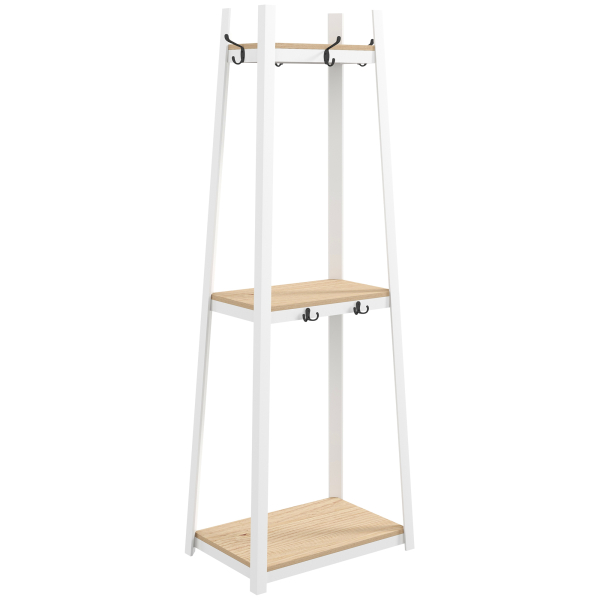 HOMCOM Suporte para Cabides de 3 Níveis Suporte para Cabides com 6 Ganchos e Prateleiras para Entrada Corredor 61x41x165 cm Natural