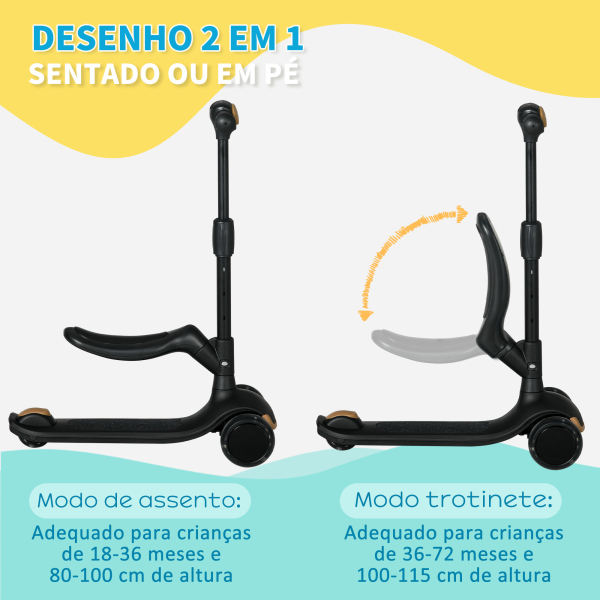 AIYAPLAY Trotinete para Crianças 2 em 1 com Altura Ajustável 3 Rodas Brilhantes e Assento para +18 Meses 58x31x64-79 cm Preto - Image 5