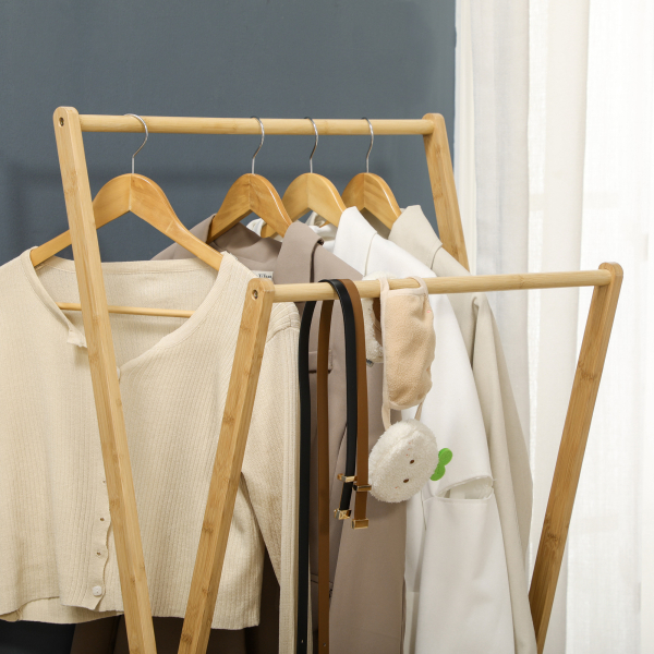 HOMCOM Suporte para Cabides de Bambu com Prateleira para Sapatos 2 Barras e 2 Ganchos 74x42x150 cm Madeira - Image 7