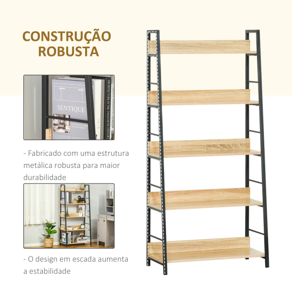 HOMCOM Estante de Estilo Industrial com 5 Níveis Estante de Sala de Estar para Livros com Estrutura de Metal 70x35x149,5 cm Natural - Image 5